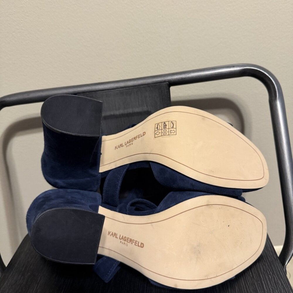 Karl Lagerfeld Paris Navy Blue Suede Ankle Strap Block Heels - Picture 11 of 13